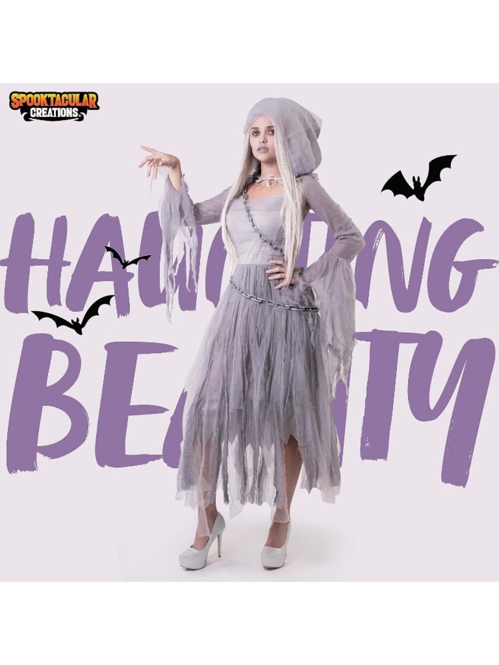 Women's Grey Comfortable Ghost Cape Dress Halloween Haunting Beauty Cosplay - Picture 2 of 7